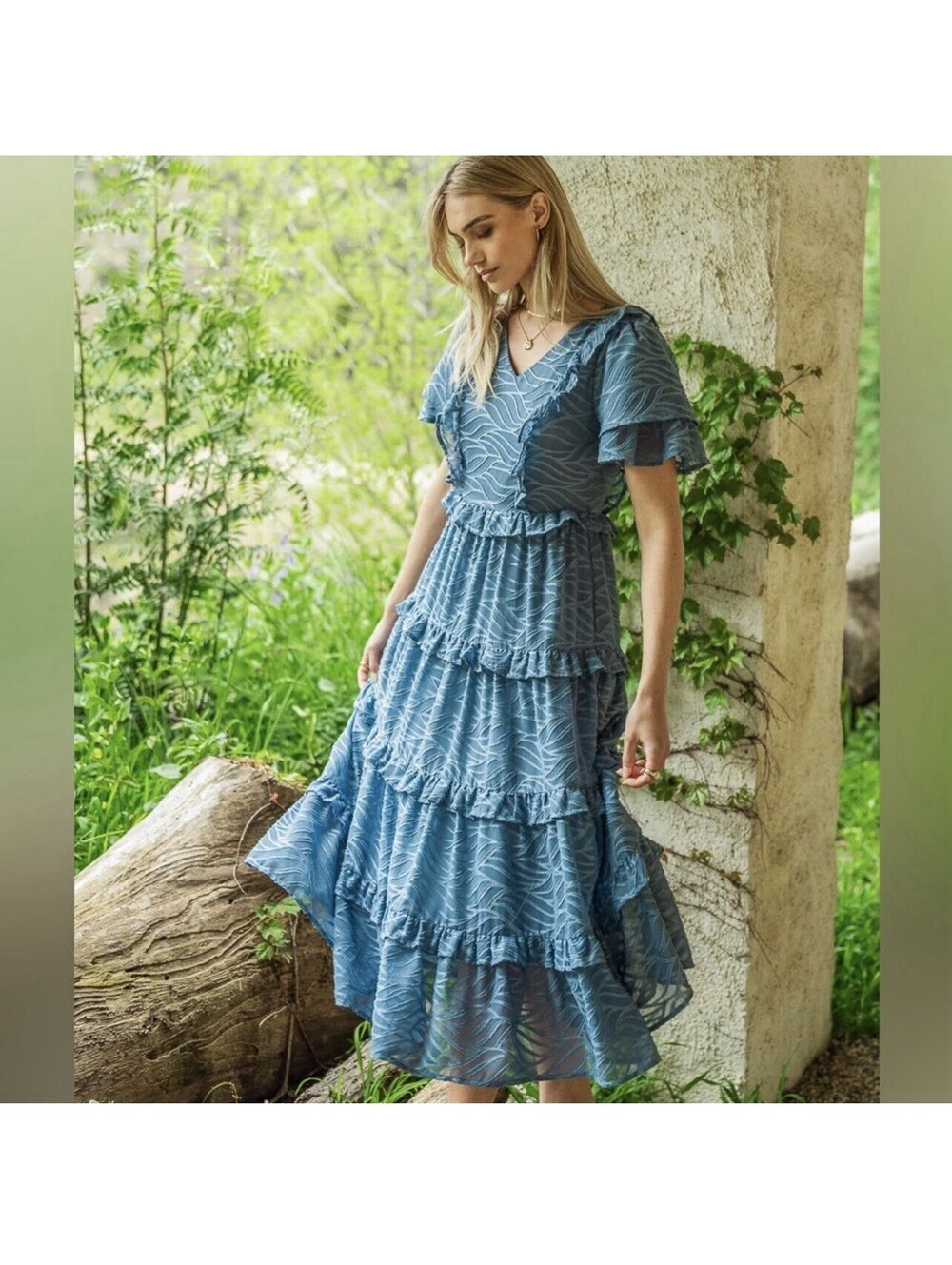 Bohme Charlee Blue Midi Dress Tea Length Garden Sz M Ruffles Flutter